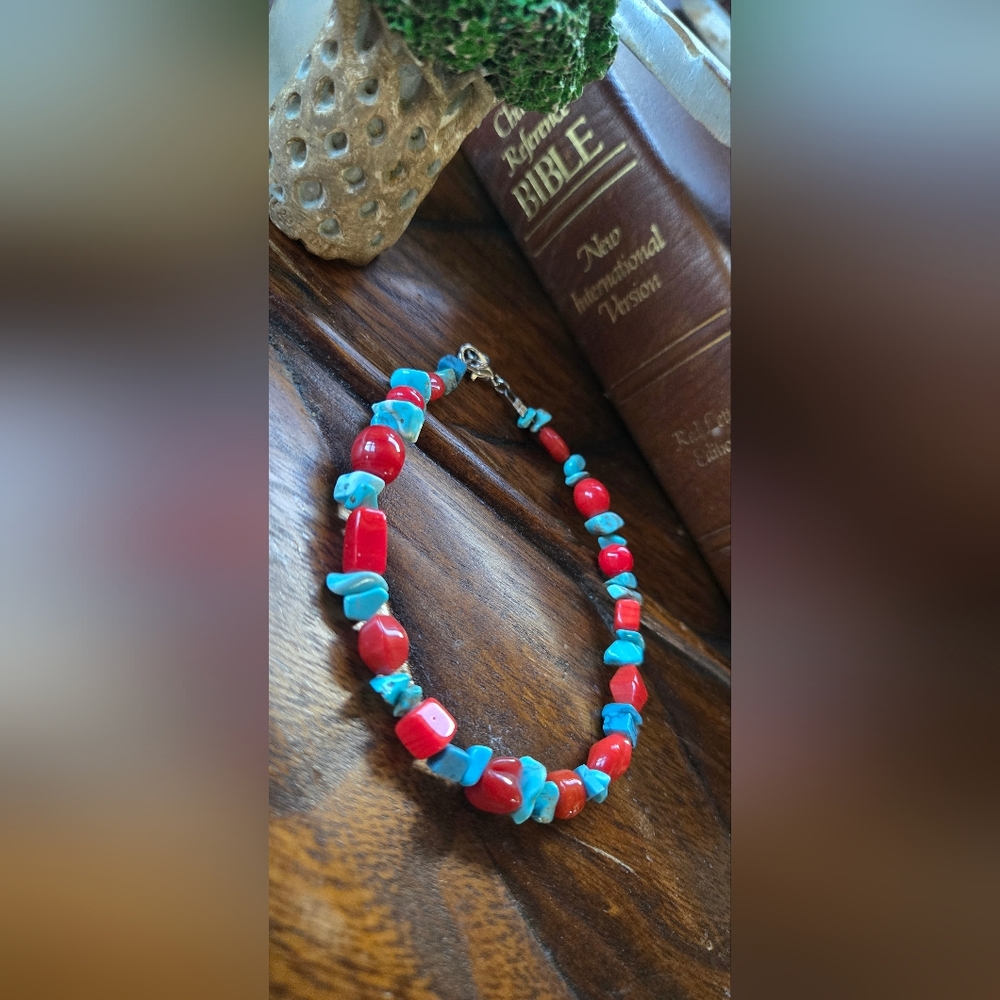 One Of A Kind Turquoise Color Howlite And Red Bead Bracelet